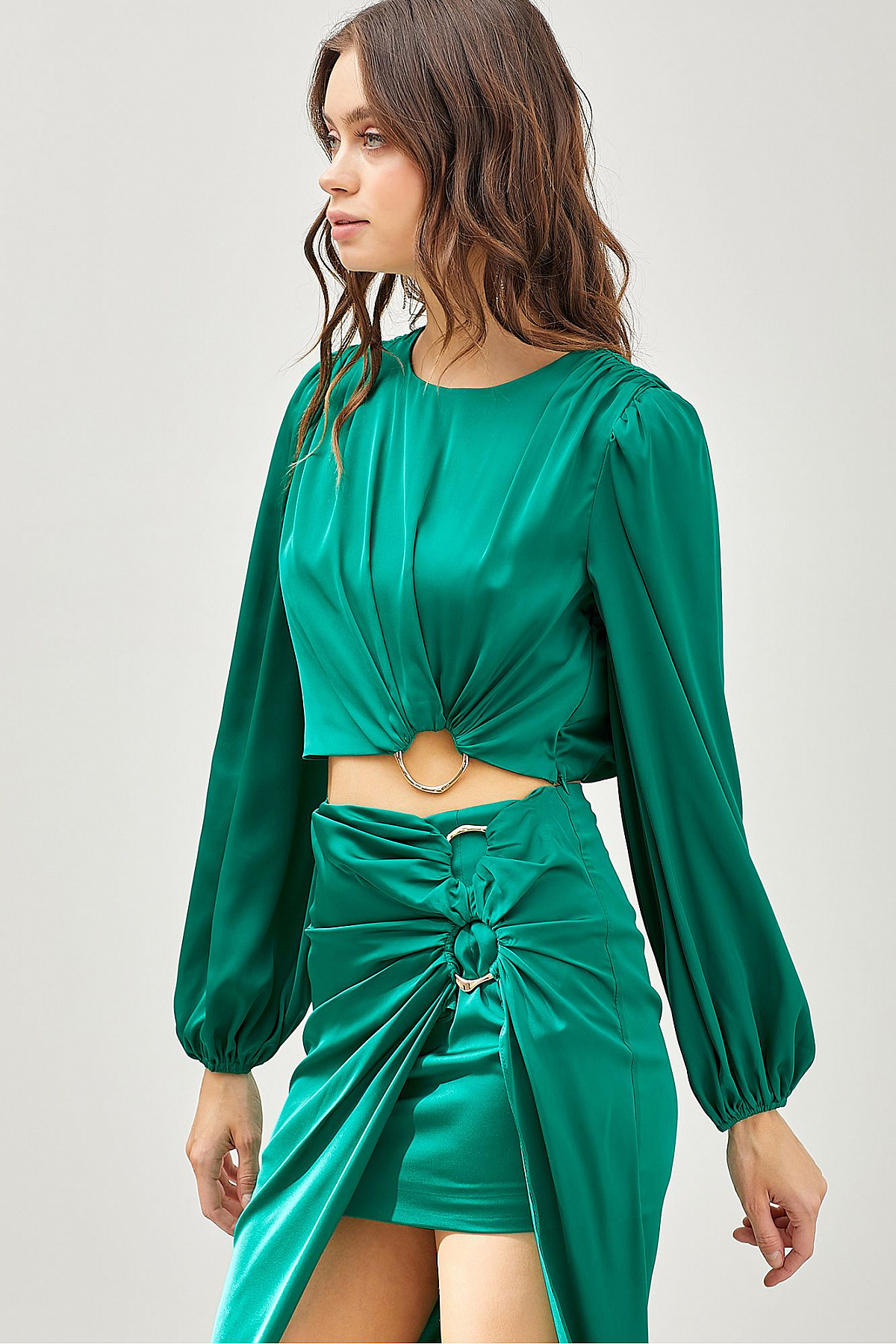 Waverley Balloon Sleeve Top And Slit Skirt Set In Green | UHUNNY